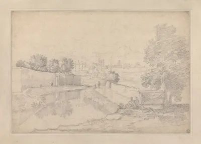 Italian Landscape With River Running Between High Wall At Left And High Bank At Right Towards A Small Town With Figures On The Banks