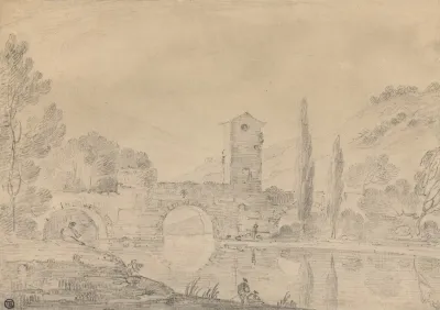 Italian Landscape With Three Arched Bridge Bridgehouse Figures On Near Bank And Poplars On Farther Bank