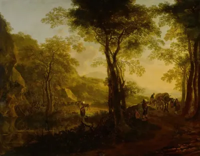 Italianate Landscape At Sunset With Travelers On A Country Road