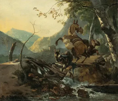 Italianate Landscape With A Donkey And A Rearing Horse Crossing A Collapsing Bridge