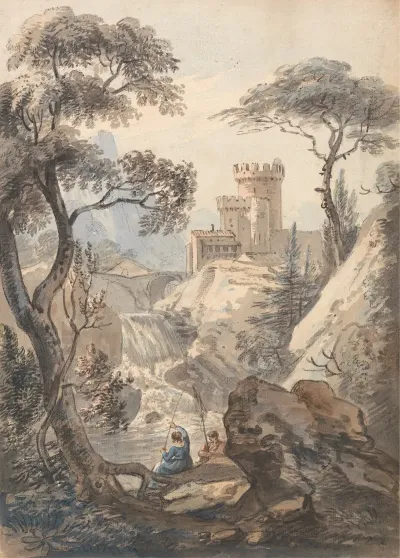 Italianate Landscape With Castle Cascade And Anglers