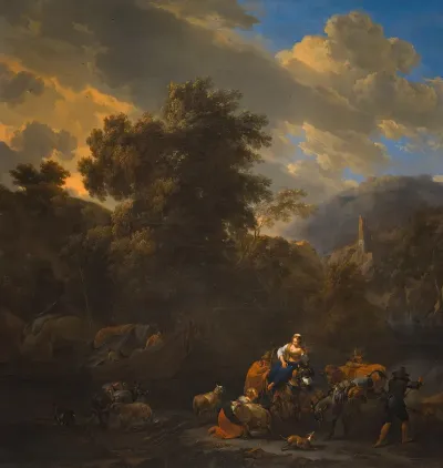 Italianate Landscape With Figures And Pack Animals On The Banks Of A River