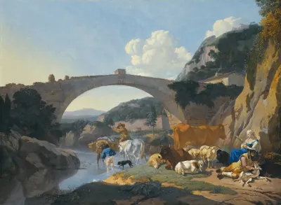 Italianate Landscape With Herders And Animals Resting By A River Under A Bridge