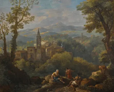Italianate Landscape With Three Figures In The Foreground Hilltop Villages And A Church Beyond