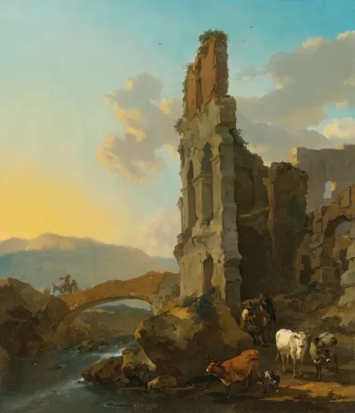 Italianate River Landscape With Herdsmen By The Ruins Of An Amphitheatre And Peasants Crossing A Bridge