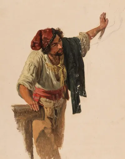 Italiener Mit Kinnbart Sich Mit Der Linken Hand Abstutzend