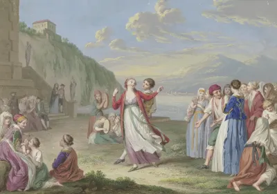 Italienische Landleute Unterhalten Sich Am Seeufer Mit Spiel Und Tanz Im Hintergrund Hohe Berge