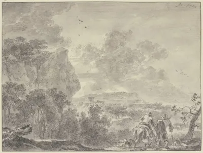 Italienische Landschaft Bewaldete Ebene Vorne Zwei Wanderer Der Linke Beritten