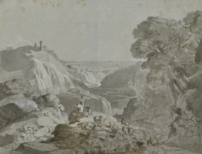 Italienische Landschaft Im Vordergrund Zwei Hirten Und Ihre Herde