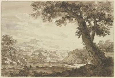 Italienische Landschaft Mit Ruinen Rechts Bei Einem Wasser Ein Groser Baum