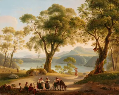 Italienische Landschaft Mit See Und Hirten