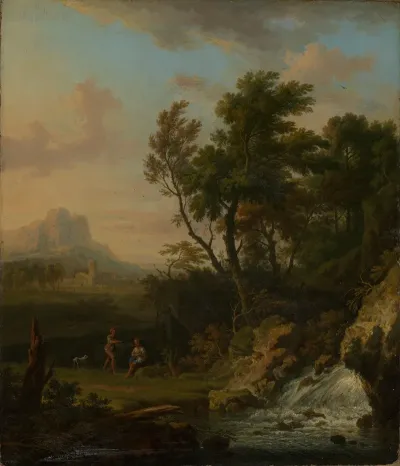 Italienische Landschaft Mit Wasserfall Und Rastenden Hirten
