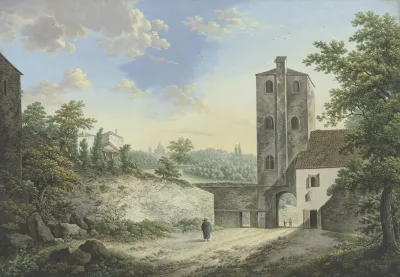 Italienische Phantasielandschaft Mit Einem Turm Und Torausgang Links Auf Der Hohe Ein Tempel Vorne Ein Pilger