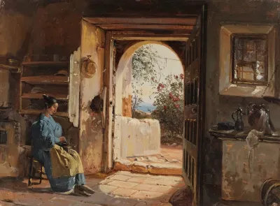 Italienische Stube Mit Einer Sitzenden Kaffee Mahlenden Frau Die Den Blick Auf Garten Und Meer Freigibt