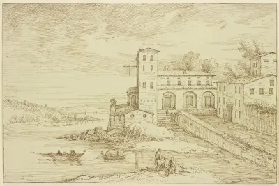 Italienische Villa An Einem See Vorne Fischerbarken