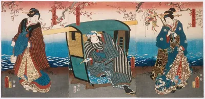 Iwai Hanshiro Viii As Geisha Ohisa Kataoka Gado Ii As Matsushiyama Jinzaburo And Onoe Kikujiro Ii As Izumiyas Wife Oume In The Play Matsuicho Tsurukame Soga