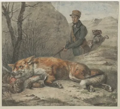 Jan Christiaan Springer Waard Van Het Rechthuis Te Overveen Bij Een Geschoten Vos Op Het Terrein Van De Buitenplaats Jachtlust Te Santpoort