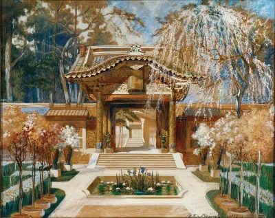 Japanese Temple And A Blooming Tree Stage Design