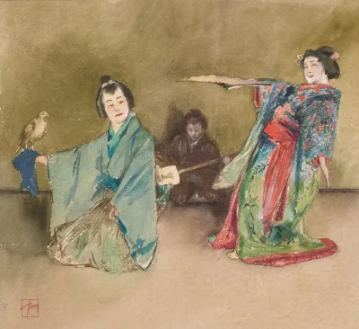 Japonica Illustration With Falconer And Geisha