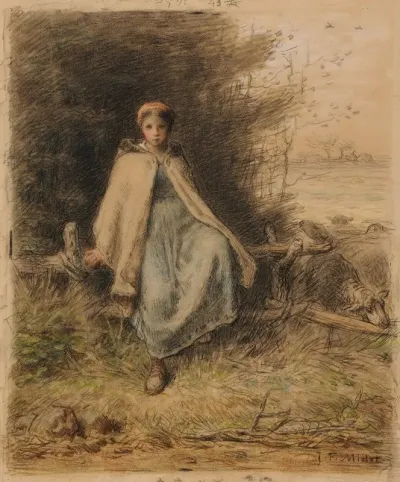 Jeune Bergere Assise Sur Une Barriere