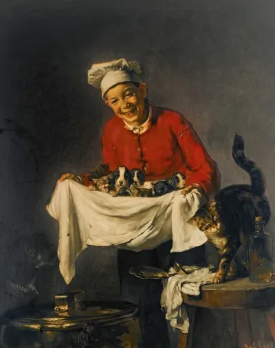 Jeune Commis Avec Chiots Et Chatons