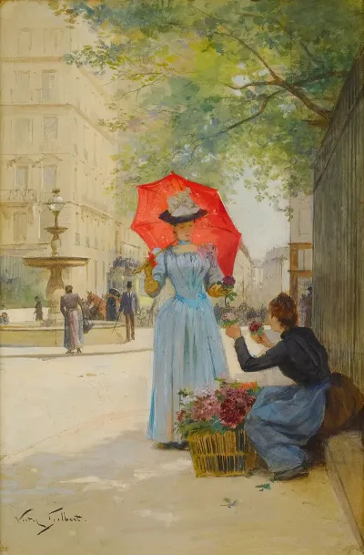 Jeune Femme A Lombrelle Achetant Des Fleurs