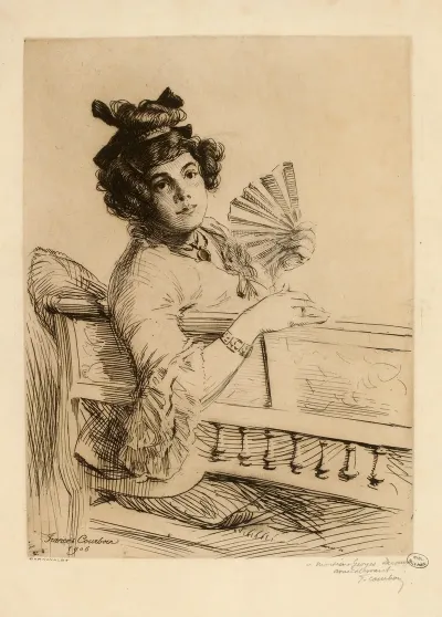Jeune Femme Assise Sur Un Banc Tenant Un Eventail De La Main Gauche