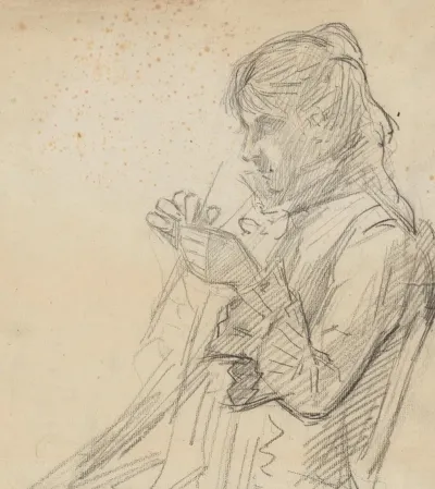 Jeune Femme De Profil Gauche Tricotant Croquis
