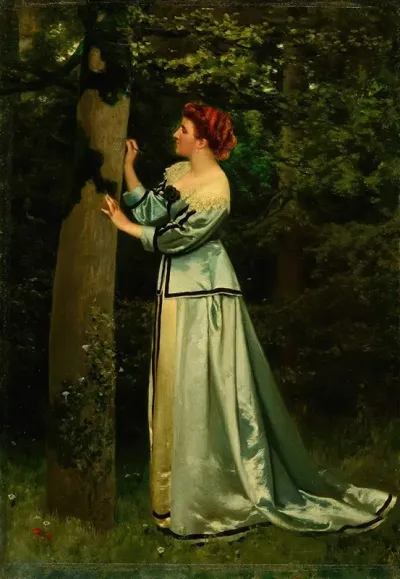 Jeune Femme Ecrivant Sur Un Arbre