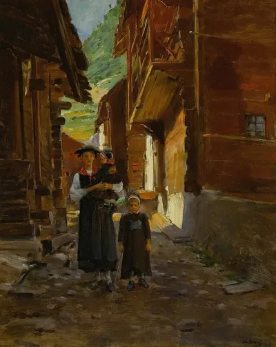 Jeune Femme Et Enfants Dans Un Paysage De Montagne