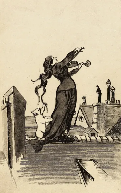 Jeune Femme Jouant Du Violon Sur Les Toits Accompagnee Dun Chat Blanc