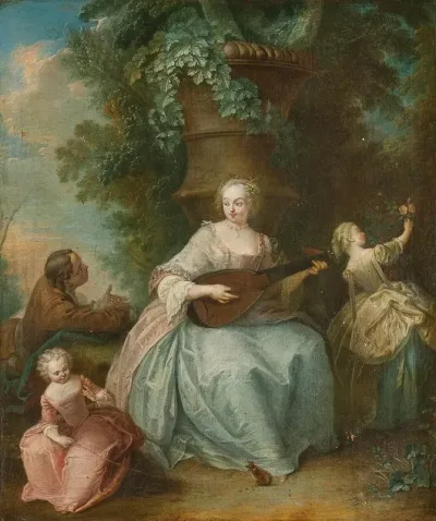 Jeune Femme Jouant Dun Instrument Et Enfant Tenant Un Rat