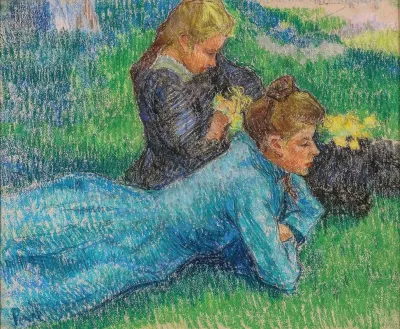Jeunes Filles Couchees Sur Lherbe Two Girls Lying On The Grass