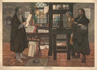 Johann Gutenberg Gutenberg Betrachtet Mit Fult Und Schoffer Die Ersten Druckbogen