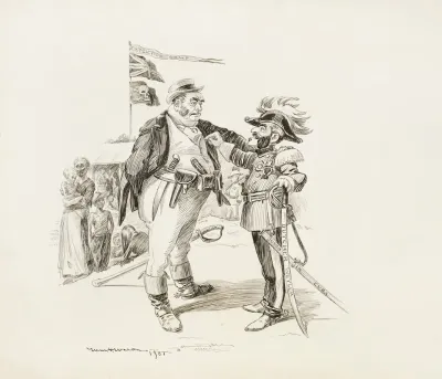 John Bull England Talks With A Soldier Carrying A Sword Reading Butcher Weyler Used In Cuba