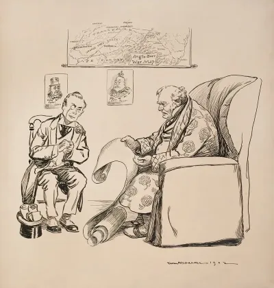 John Bull Great Britain Reads A Long Scroll With Concern Behind Him Is A Map Of The Anglo Boer War