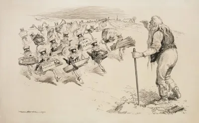 John Bull Great Britain Stands In A Field As Many Small Versions Of Uncle Sam Run Towards Him To Offer Various Goods And Raw Materials