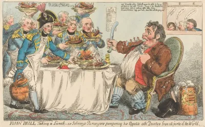 John Bull Taking A Lunch Or Johnnys Purveyors Pampering His Appetite With Dainties From All Parts Of The World