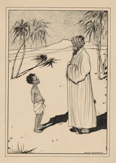 Jongen En Man Met Tulband In Een Woestijnlandschap