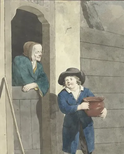 Jongen Met Een Pot Bij Een Vrouw Leunend Op Een Onderdeur