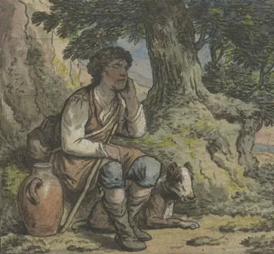 Jongen Onder Een Boom Met Een Hond En Een Kruik
