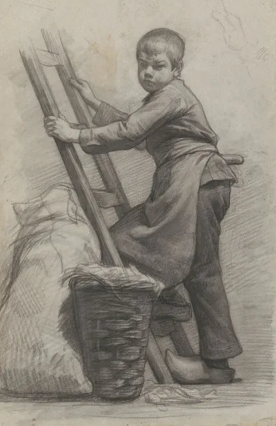 Jongen Staande Bij Een Ladder En Een Mand