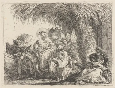 Joseph Kneels With The Child Before Mary On The Donkey
