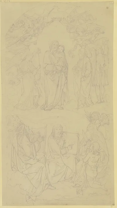 Joseph Mit Dem Jesuskind Auf Dem Arm Von Musizierenden Und Ihn Kronenden Engeln Umgeben Unten Konig David Und Abraham Mit Isaak
