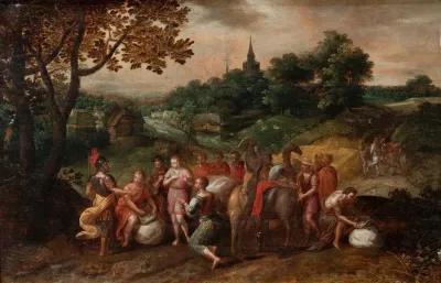 Josephs Brothers On Their Way To Buy Grain In Egypt In A Wooded Landscape
