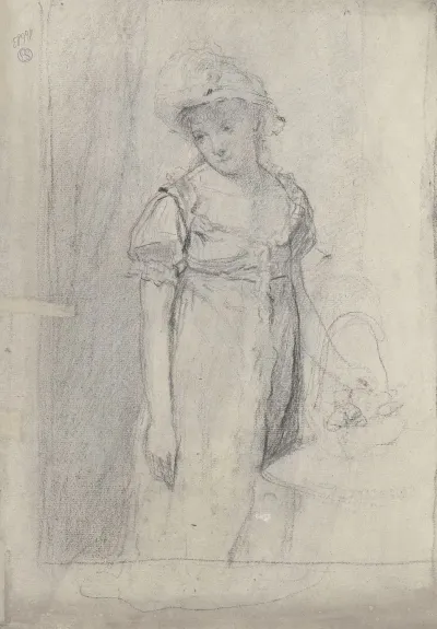 Junge Dame Mit Hut Und Blumenkorb An Einem Tisch Stehend
