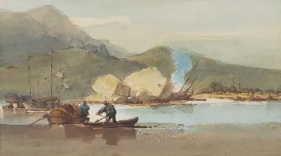 Junks And Tanka Boats In A Bay With A Beached Junk And Cooking Fire Beyond