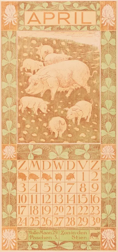 Kalenderblad April Met Varkens
