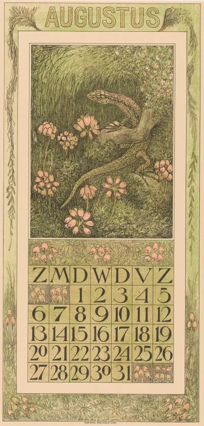 Kalenderblad Augustus Met Hagedis En Dopheide
