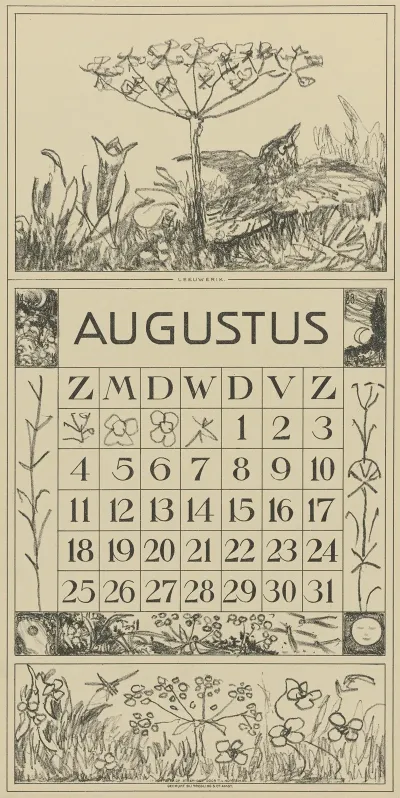 Kalenderblad Augustus Met Leeuwerik En Bloem